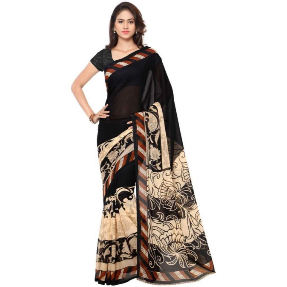 Generic Women's Faux Georgette Printed Saree With Unstitched Blouse 5.5Mtr (Black)