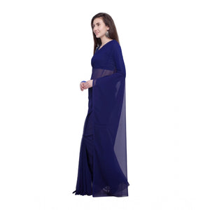 Generic Women's Dyed Solid Saree With Unstitched Blouse 5.5Mtr (Dark Blue)