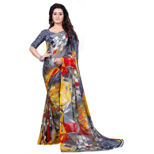 Generic Women's Faux Georgette Printed Saree With Unstitched Blouse 5.5Mtr (Grey)