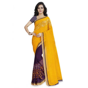 Generic Women's Faux Georgette Printed Saree With Unstitched Blouse 5.5Mtr (Yellow)