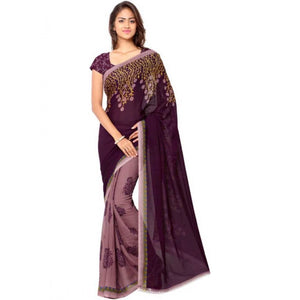 Generic Women's Faux Georgette Printed Saree With Unstitched Blouse 5.5Mtr (Wine)