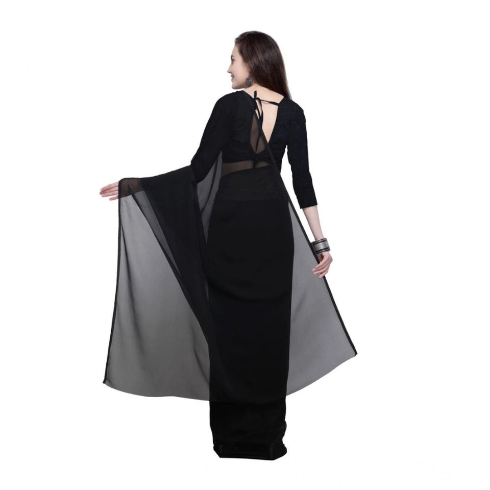 Generic Women's Dyed Solid Saree With Unstitched Blouse 5.5Mtr (Black)
