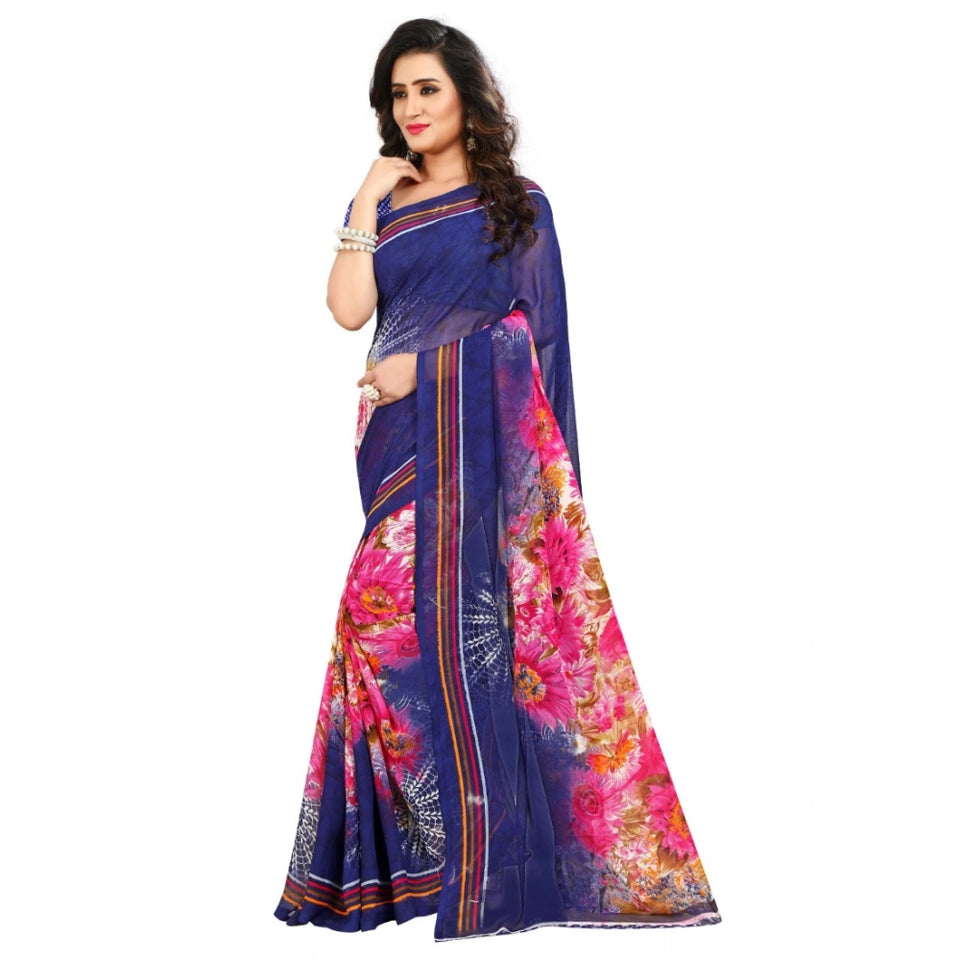Generic Women's Georgette Printed Saree With Unstitched Blouse 5.5Mtr (Blue)