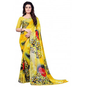 Generic Women's Faux Georgette Printed Saree With Unstitched Blouse 5.5Mtr (Yellow)