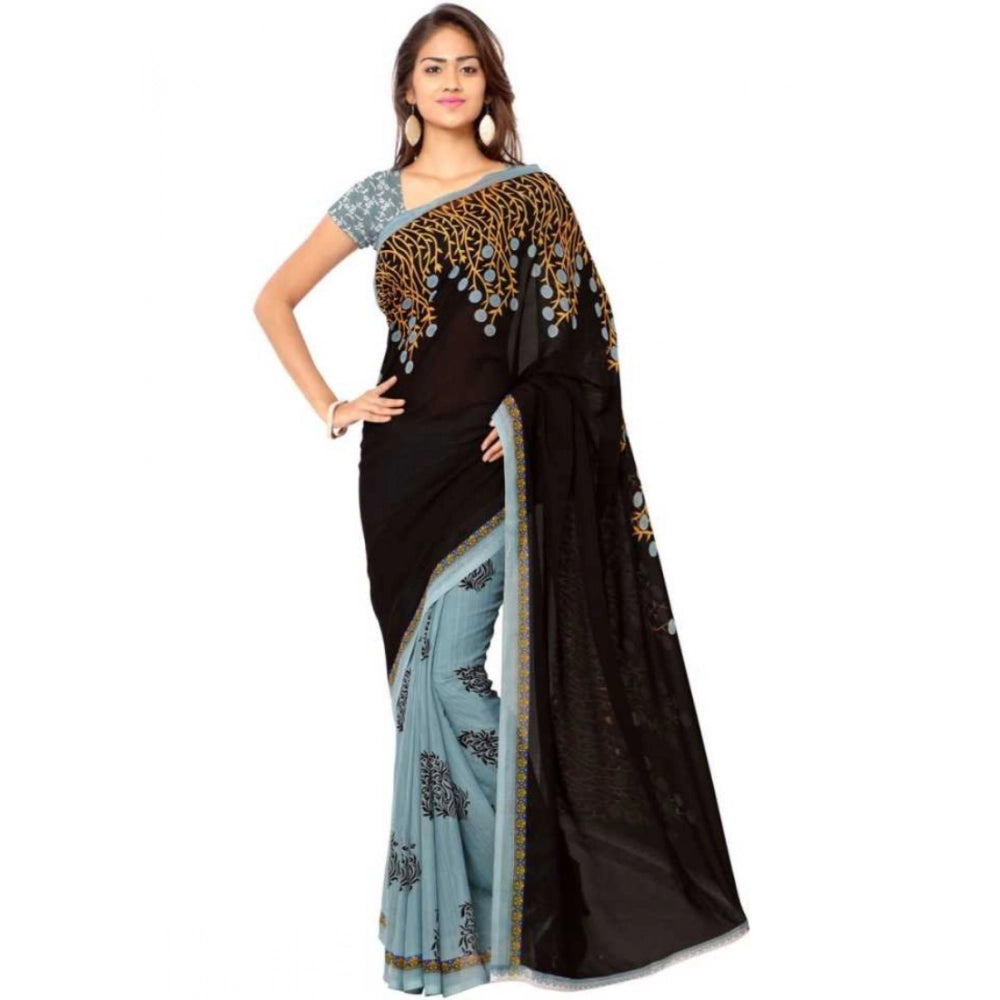 Generic Women's Faux Georgette Printed Saree With Unstitched Blouse 5.5Mtr (Brown)