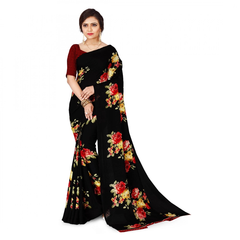 Generic Women's Faux Georgette Printed Saree With Unstitched Blouse 5.5Mtr (Black)