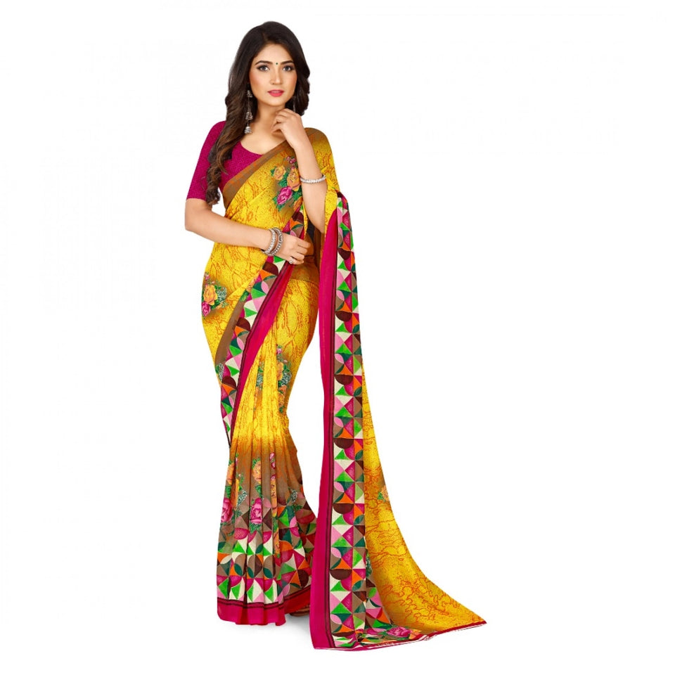 Generic Women's Faux Georgette Printed Saree With Unstitched Blouse 5.5Mtr (Yellow)