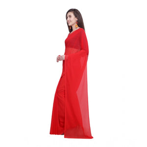 Generic Women's Dyed Solid Saree With Unstitched Blouse 5.5Mtr (Red)
