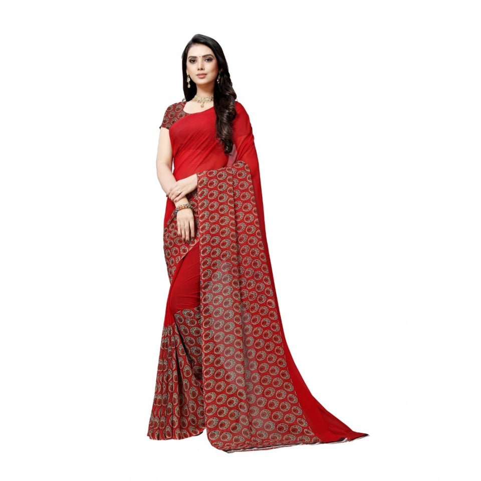 Generic Women's Georgette Printed Saree With Unstitched Blouse 5.5Mtr (Red)