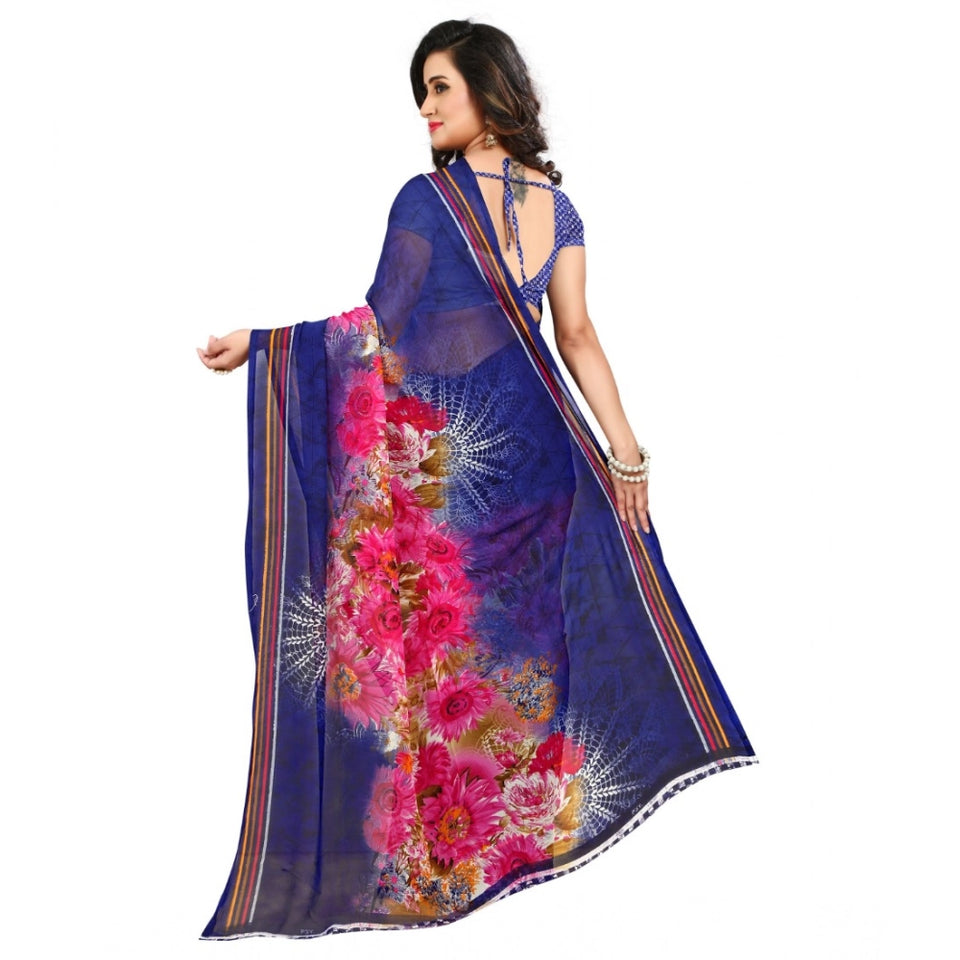 Generic Women's Georgette Printed Saree With Unstitched Blouse 5.5Mtr (Blue)
