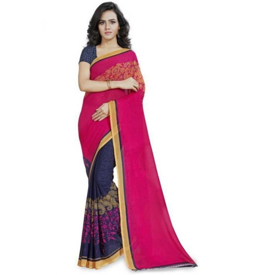 Generic Women's Faux Georgette Printed Saree With Unstitched Blouse 5.5Mtr (Pink)