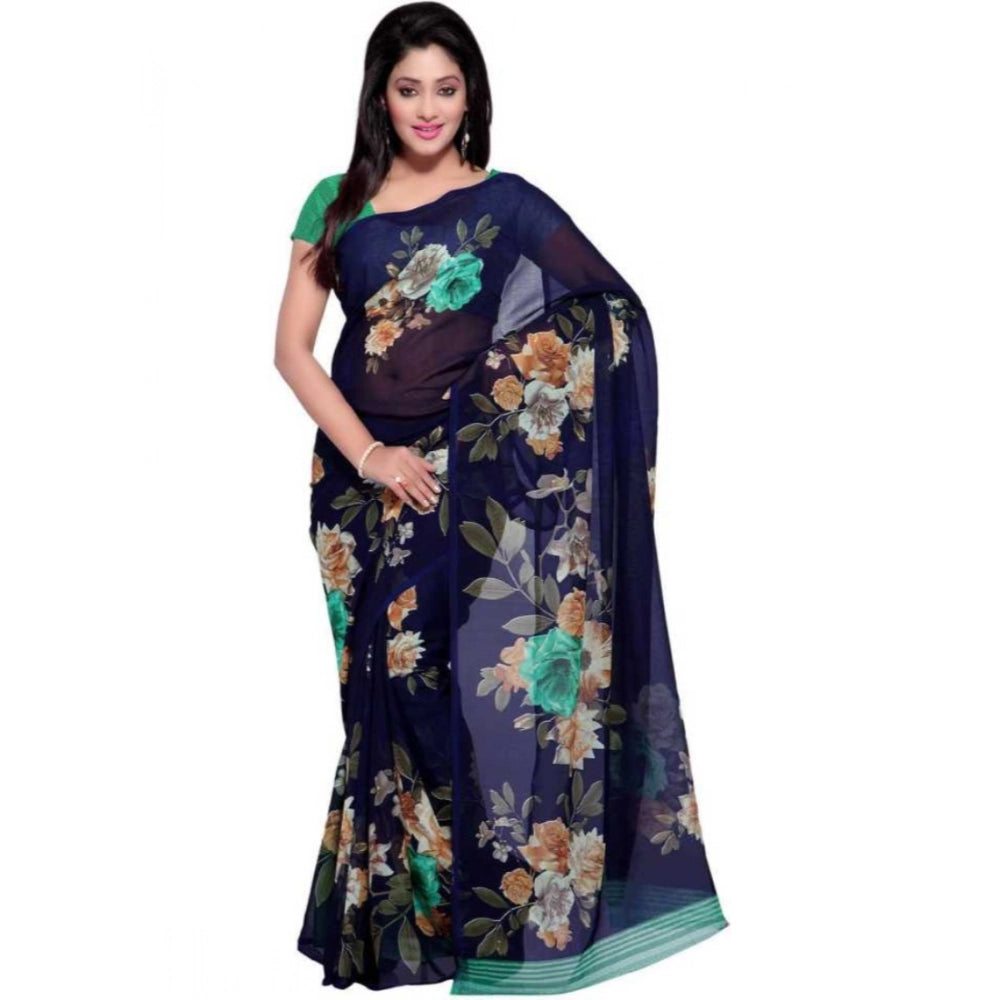 Generic Women's Faux Georgette Printed Saree With Unstitched Blouse 5.5Mtr (Blue)