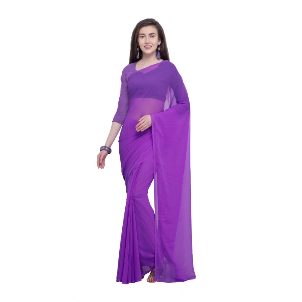 Generic Women's Dyed Solid Saree With Unstitched Blouse 5.5Mtr (Purple)