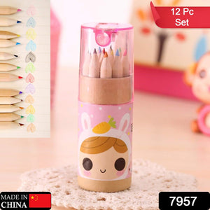 Kids art supplies with colored pencils and sharpener