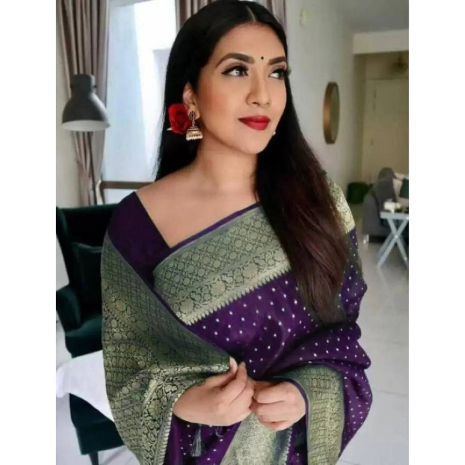 Generic Women's Litchi silk Printed Saree With Unstitched Blouse (Purple)
