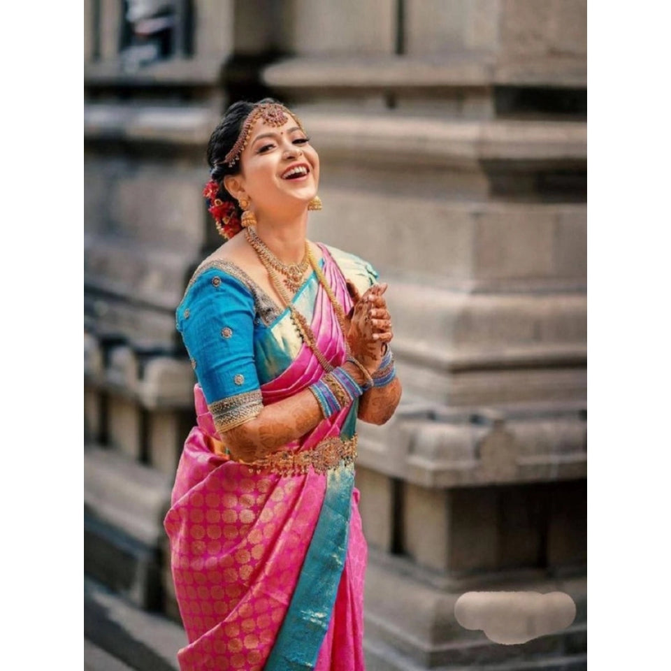 Generic Women's Litchi silk Printed Saree With Unstitched Blouse (Pink)