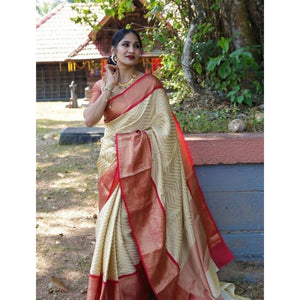 Generic Women's Litchi silk Printed Saree With Unstitched Blouse (Beige)