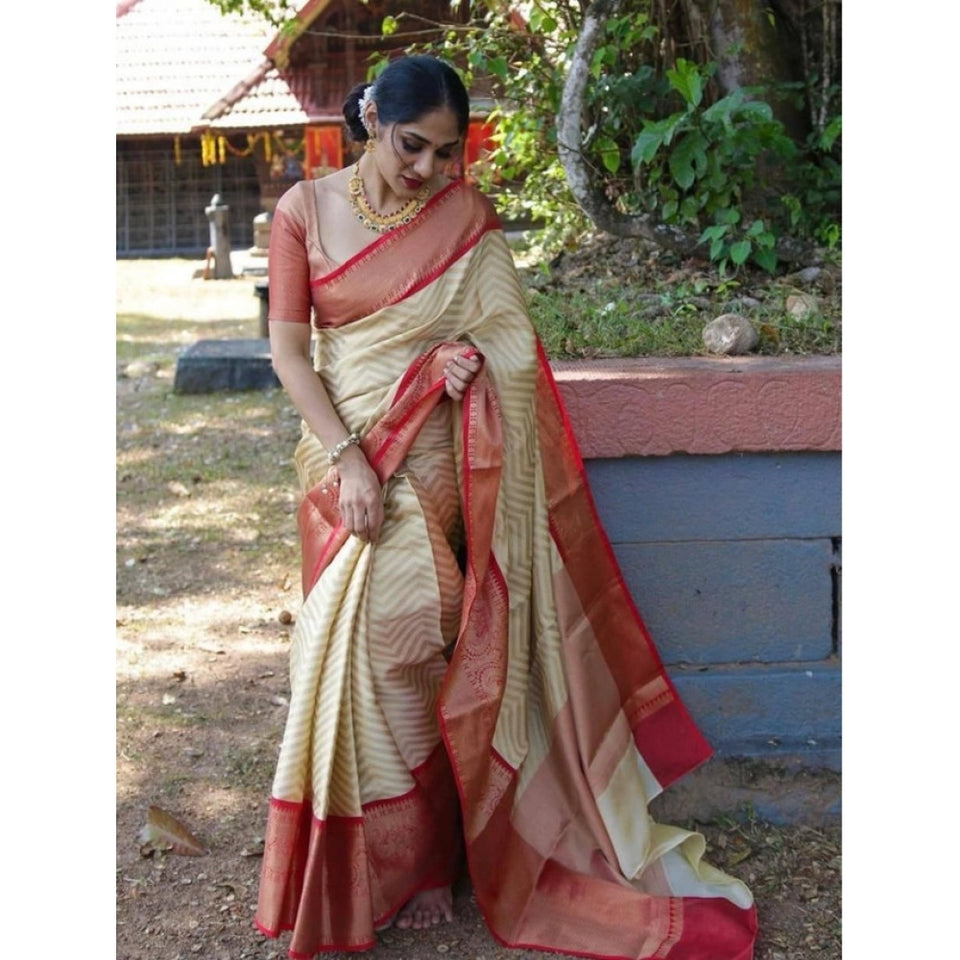 Generic Women's Litchi silk Printed Saree With Unstitched Blouse (Beige)