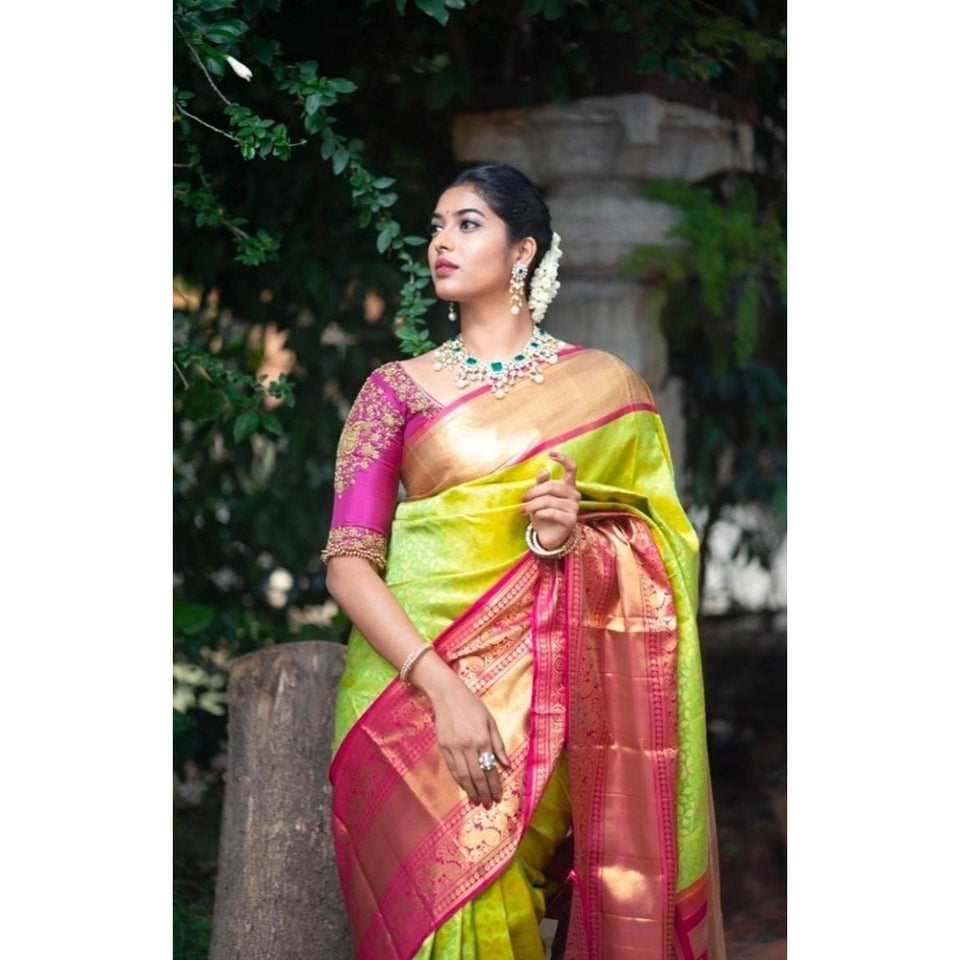 Generic Women's Litchi silk Printed Saree With Unstitched Blouse (Green)