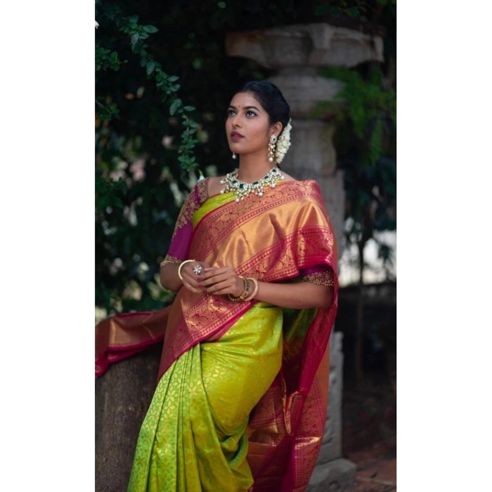Generic Women's Litchi silk Printed Saree With Unstitched Blouse (Green)