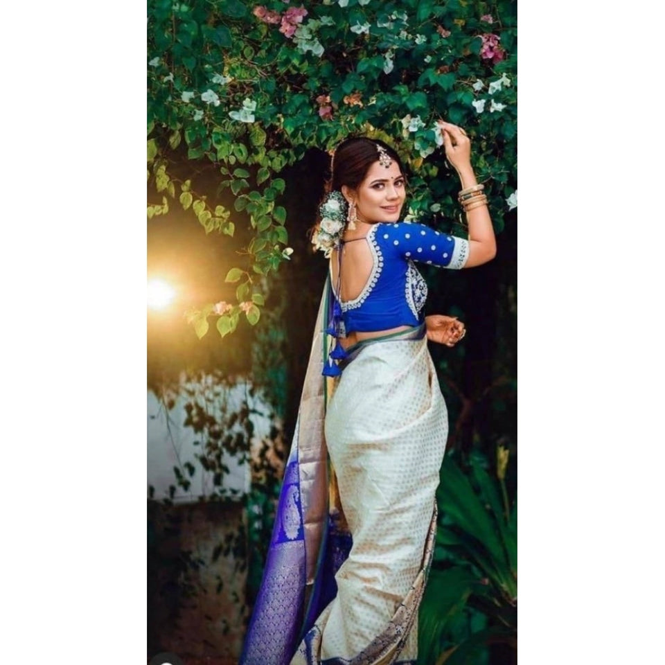 Generic Women's Litchi silk Printed Saree With Unstitched Blouse (Off White)