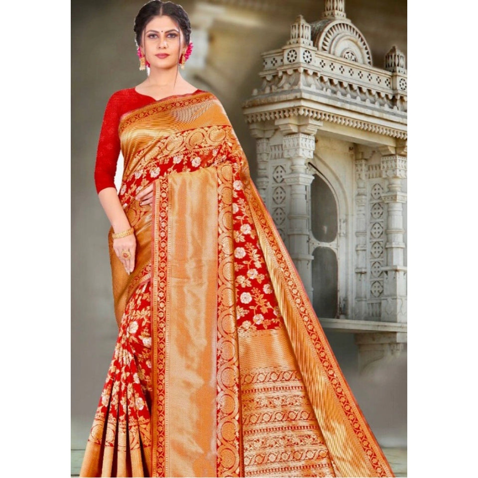 Generic Women's Litchi silk Printed Saree With Unstitched Blouse (Red)