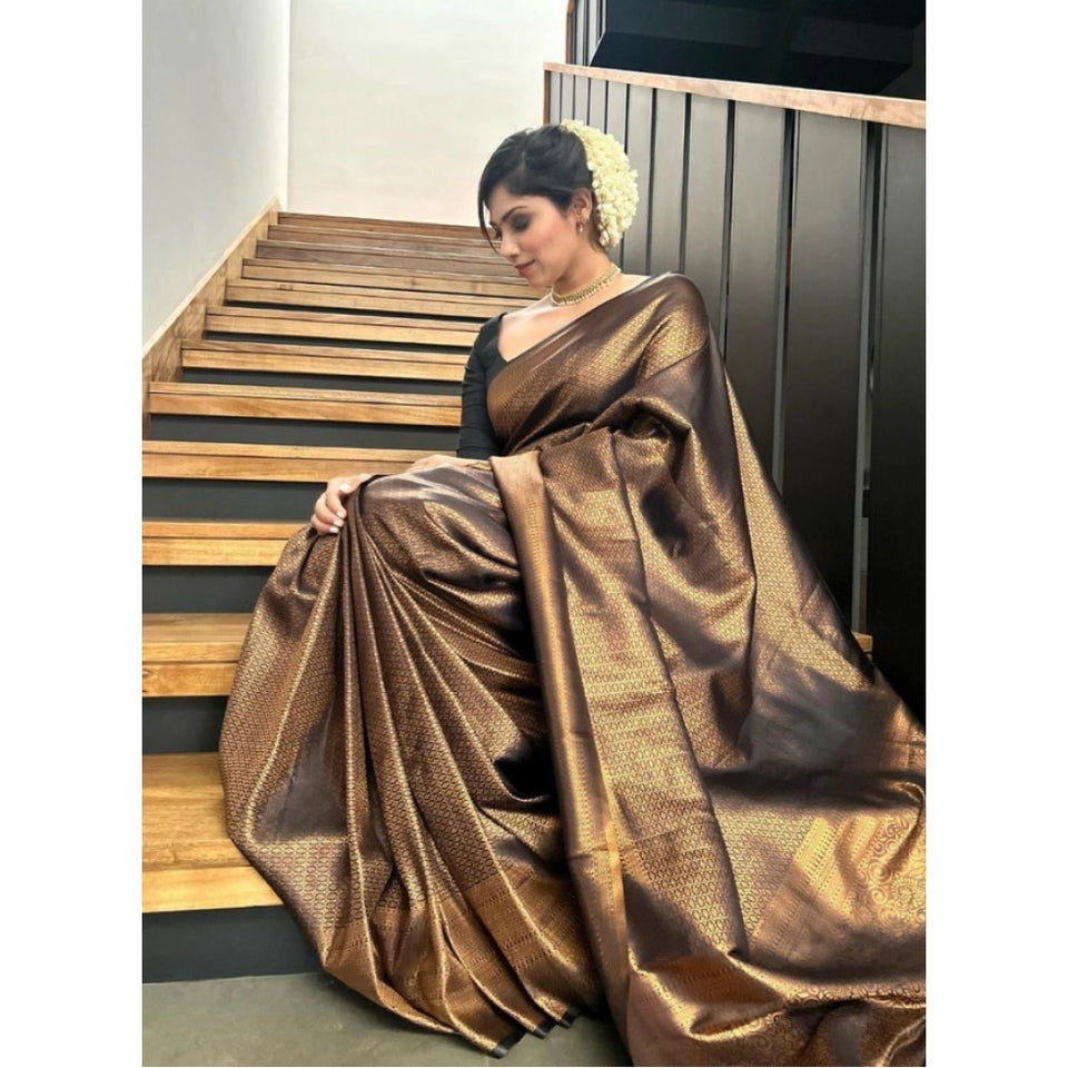 Generic Women's Litchi silk Printed Saree With Unstitched Blouse (Gold)