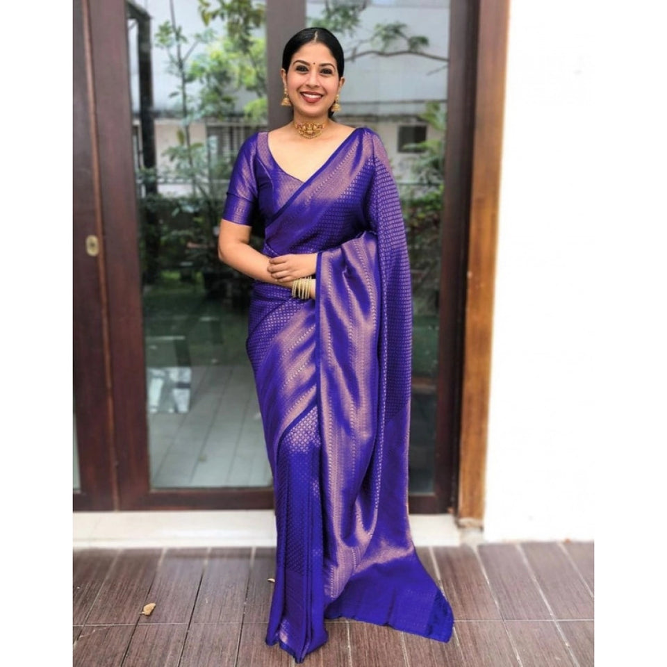 Generic Women's Litchi silk Printed Saree With Unstitched Blouse (Purple)