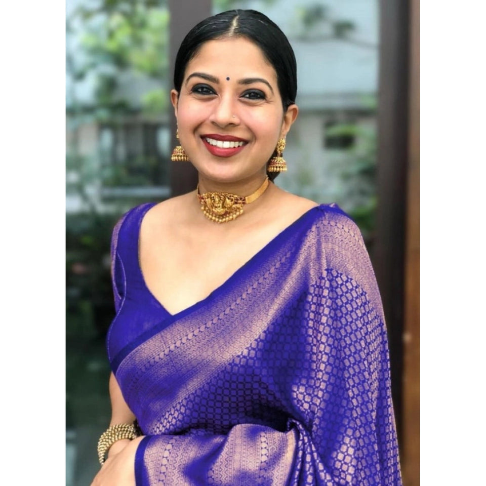 Generic Women's Litchi silk Printed Saree With Unstitched Blouse (Purple)
