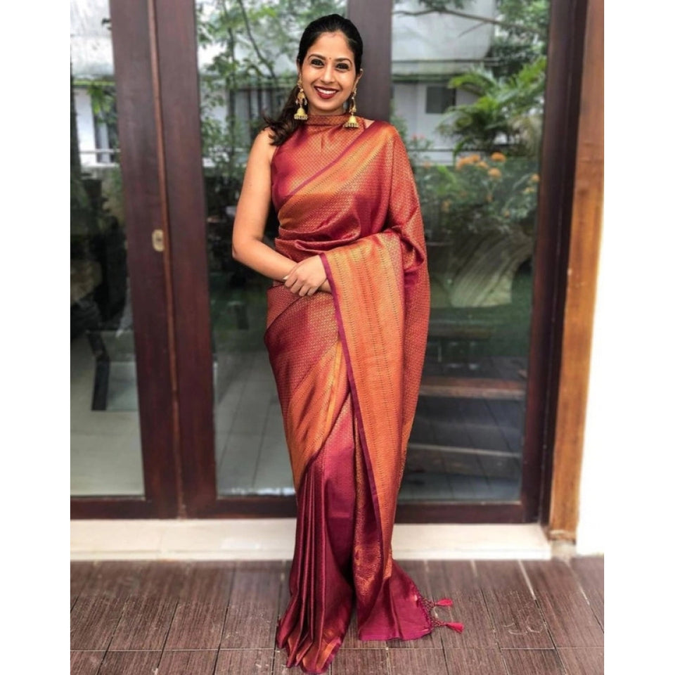 Generic Women's Litchi silk Printed Saree With Unstitched Blouse (Red)