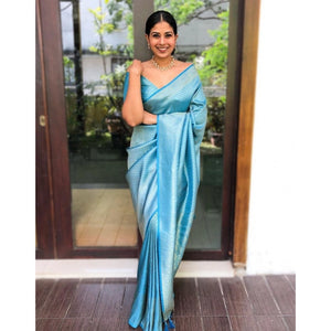 Generic Women's Litchi silk Printed Saree With Unstitched Blouse (Sky Blue)