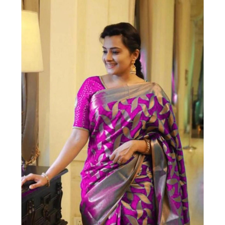 Generic Women's Litchi silk Printed Saree With Unstitched Blouse (Pink)