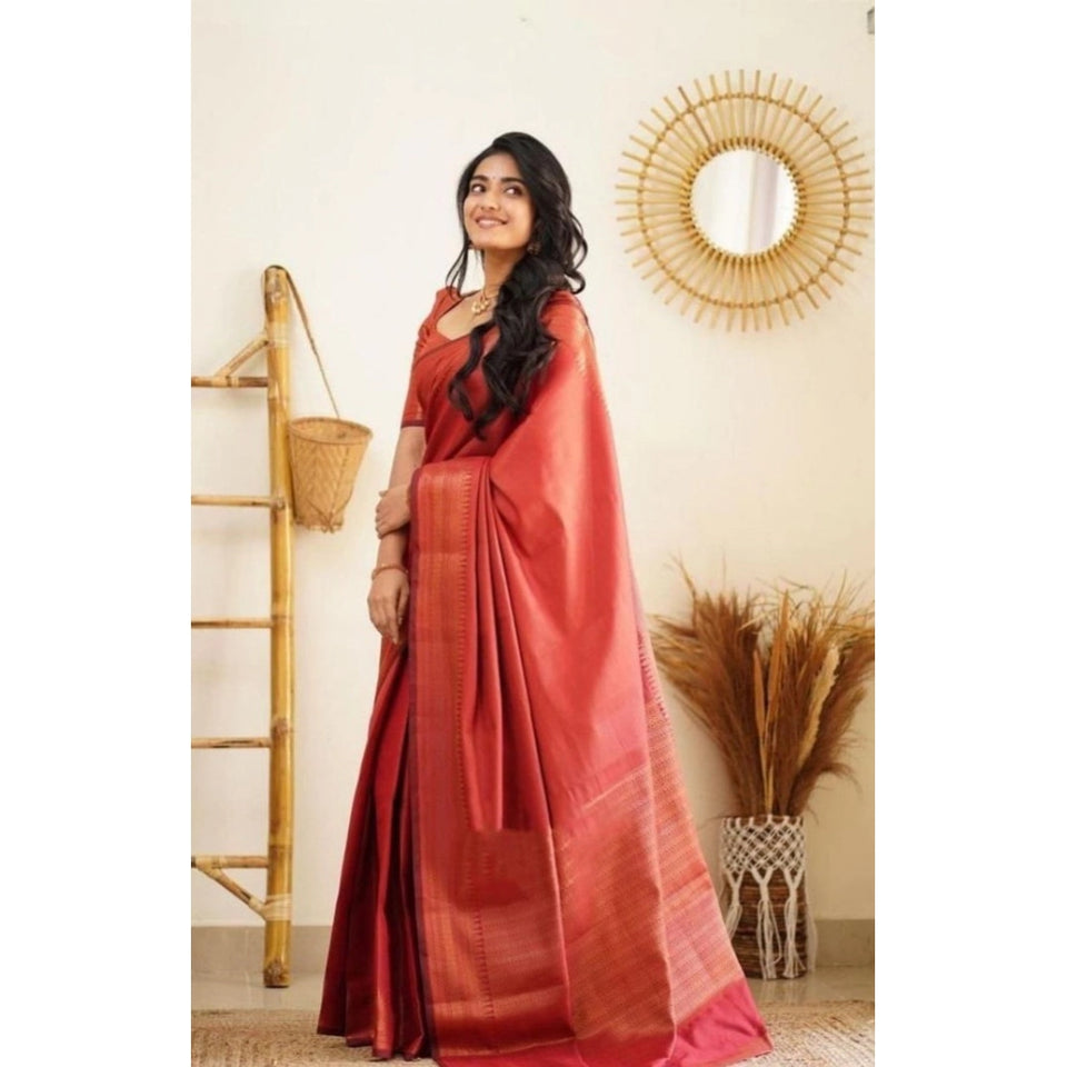 Generic Women's Litchi silk Printed Saree With Unstitched Blouse (Red)