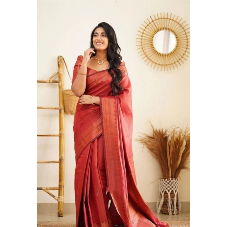 Generic Women's Litchi silk Printed Saree With Unstitched Blouse (Red)
