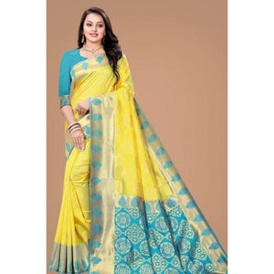 Generic Women's Litchi silk Printed Saree With Unstitched Blouse (Yellow)