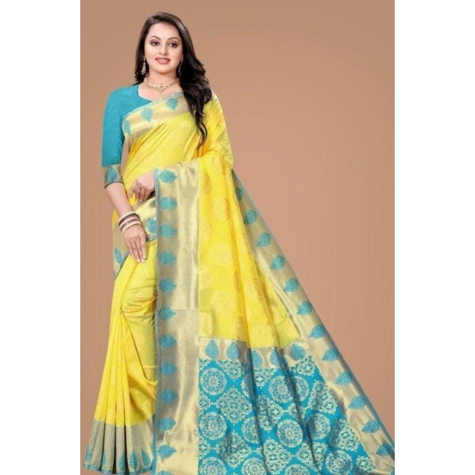 Generic Women's Litchi silk Printed Saree With Unstitched Blouse (Yellow)