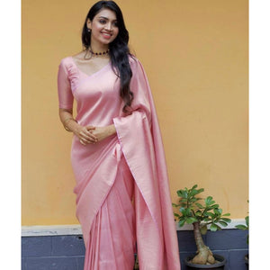 Generic Women's Litchi silk Printed Saree With Unstitched Blouse (Light Pink)