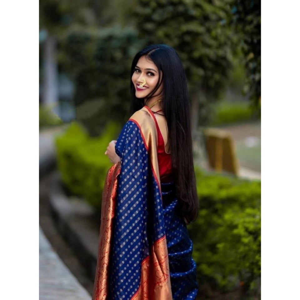 Generic Women's Litchi silk Printed Saree With Unstitched Blouse (Blue)