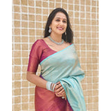 Generic Women's Litchi silk Printed Saree With Unstitched Blouse (Blue)