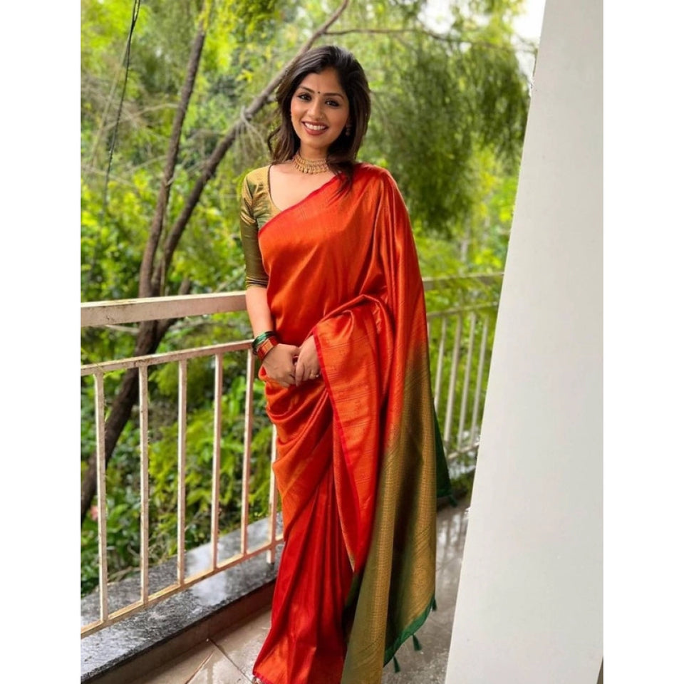 Generic Women's Litchi silk Printed Saree With Unstitched Blouse (Red)