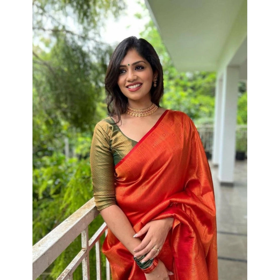 Generic Women's Litchi silk Printed Saree With Unstitched Blouse (Red)