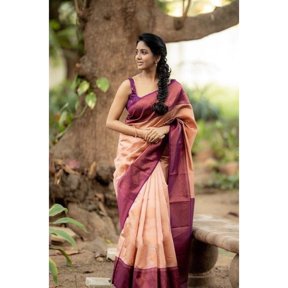 Generic Women's Litchi silk Printed Saree With Unstitched Blouse (Beige)