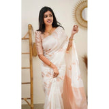 Generic Women's Litchi silk Printed Saree With Unstitched Blouse (White)