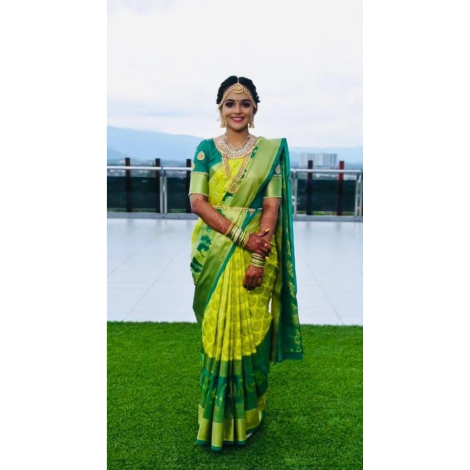 Generic Women's Litchi silk Printed Saree With Unstitched Blouse (Light Green)