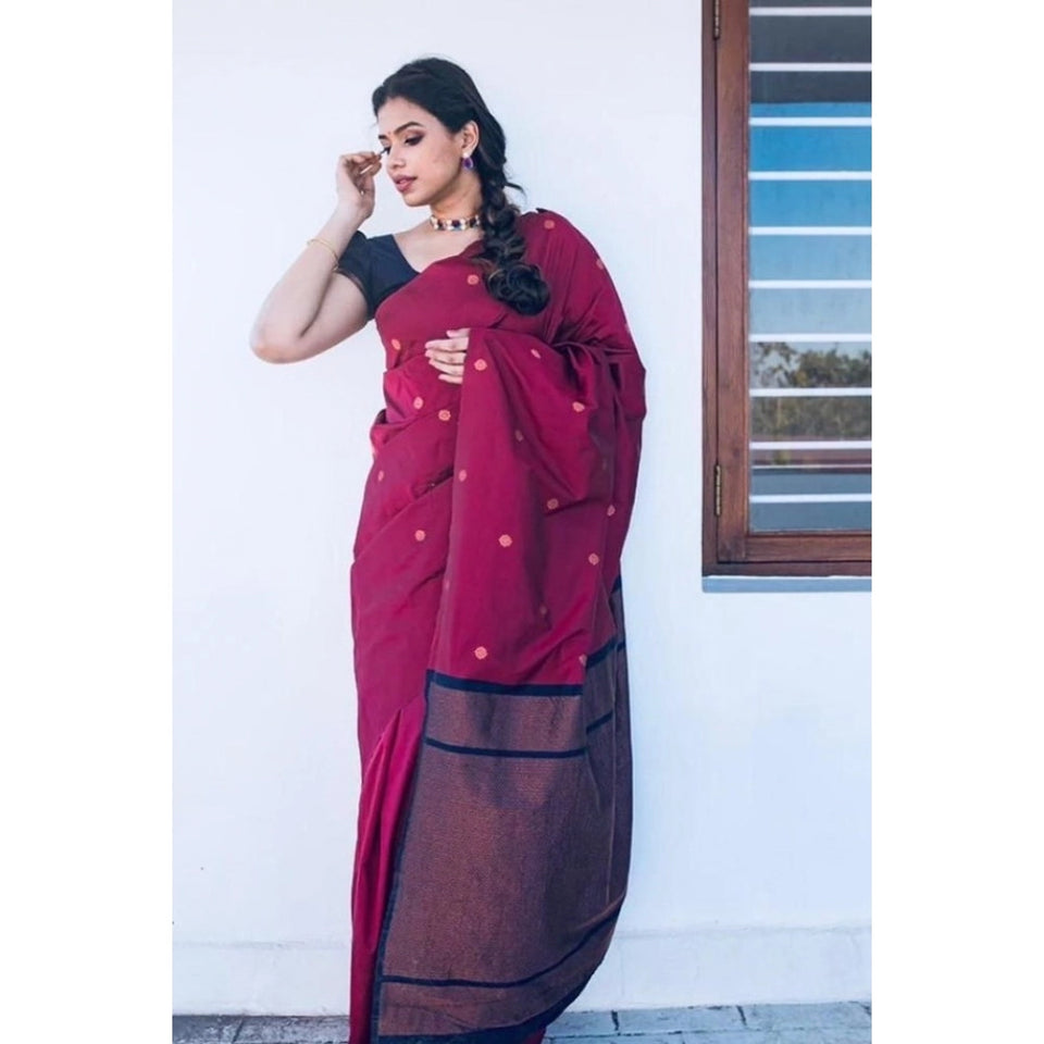 Generic Women's Litchi silk Printed Saree With Unstitched Blouse (Red)