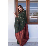 Generic Women's Litchi silk Printed Saree With Unstitched Blouse (Dark Green)