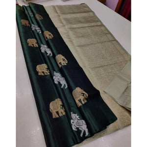 Generic Women's Litchi silk Printed Saree With Unstitched Blouse (Green)