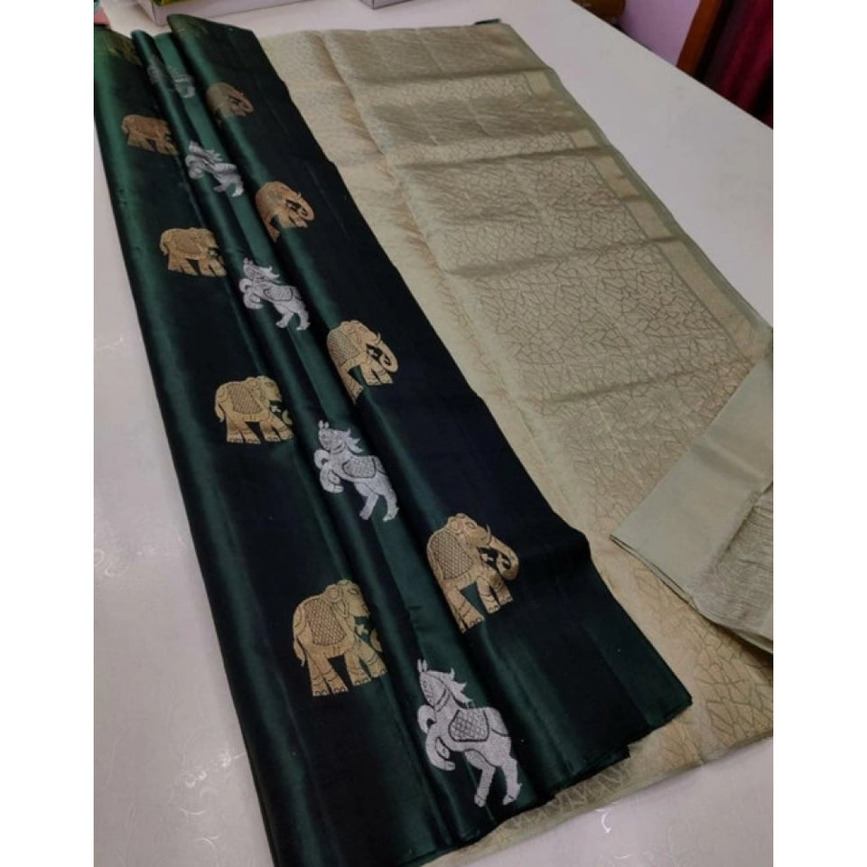 Generic Women's Litchi silk Printed Saree With Unstitched Blouse (Green)