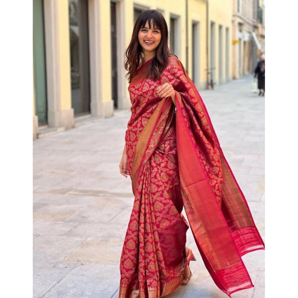 Generic Women's Litchi silk Printed Saree With Unstitched Blouse (Red)