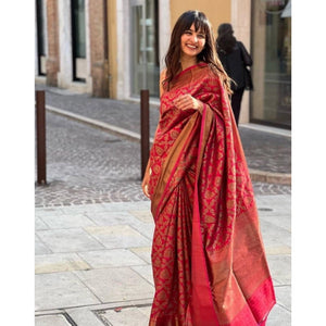 Generic Women's Litchi silk Printed Saree With Unstitched Blouse (Red)
